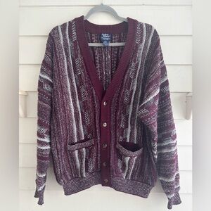 Vintage Maroon Patterned Button Cardigan Sweater Men’s Size Large